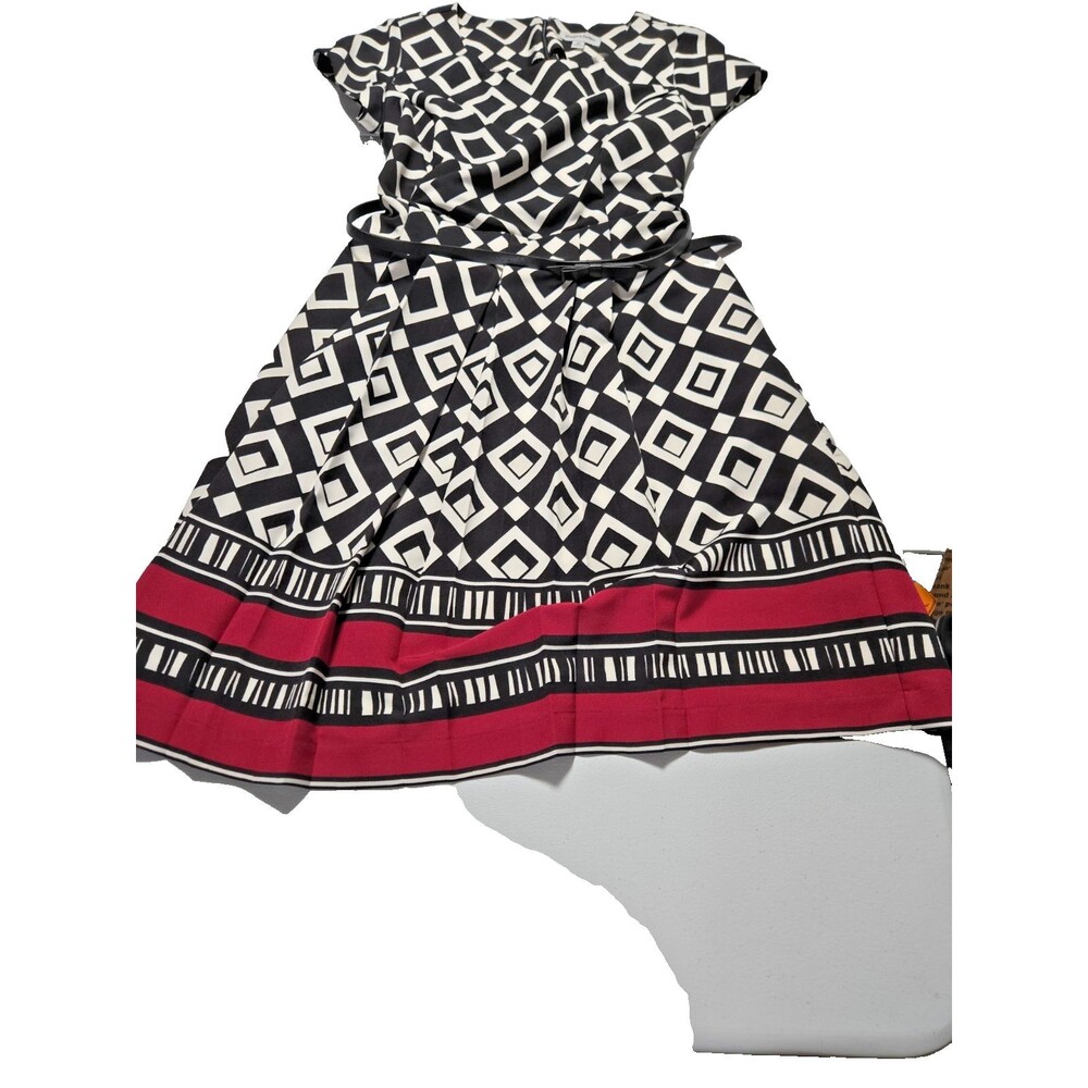 Shelby and Palmer Sheath Dress Size 16 Cap Sleeve Geometric Burgundy Black White